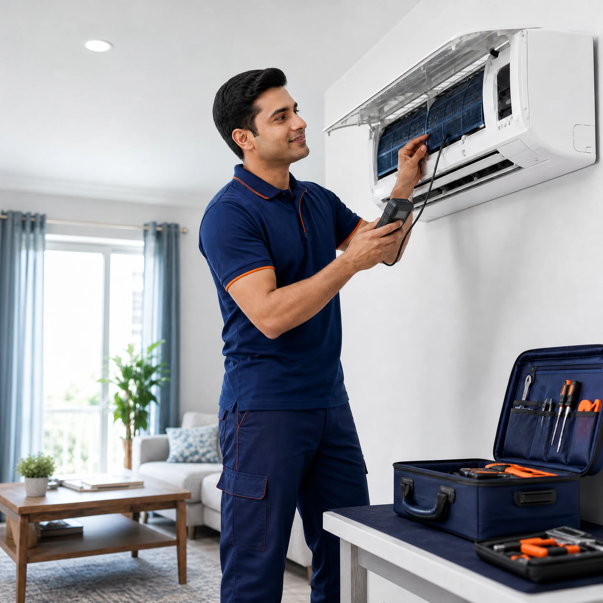Service Creed technician servicing a split AC