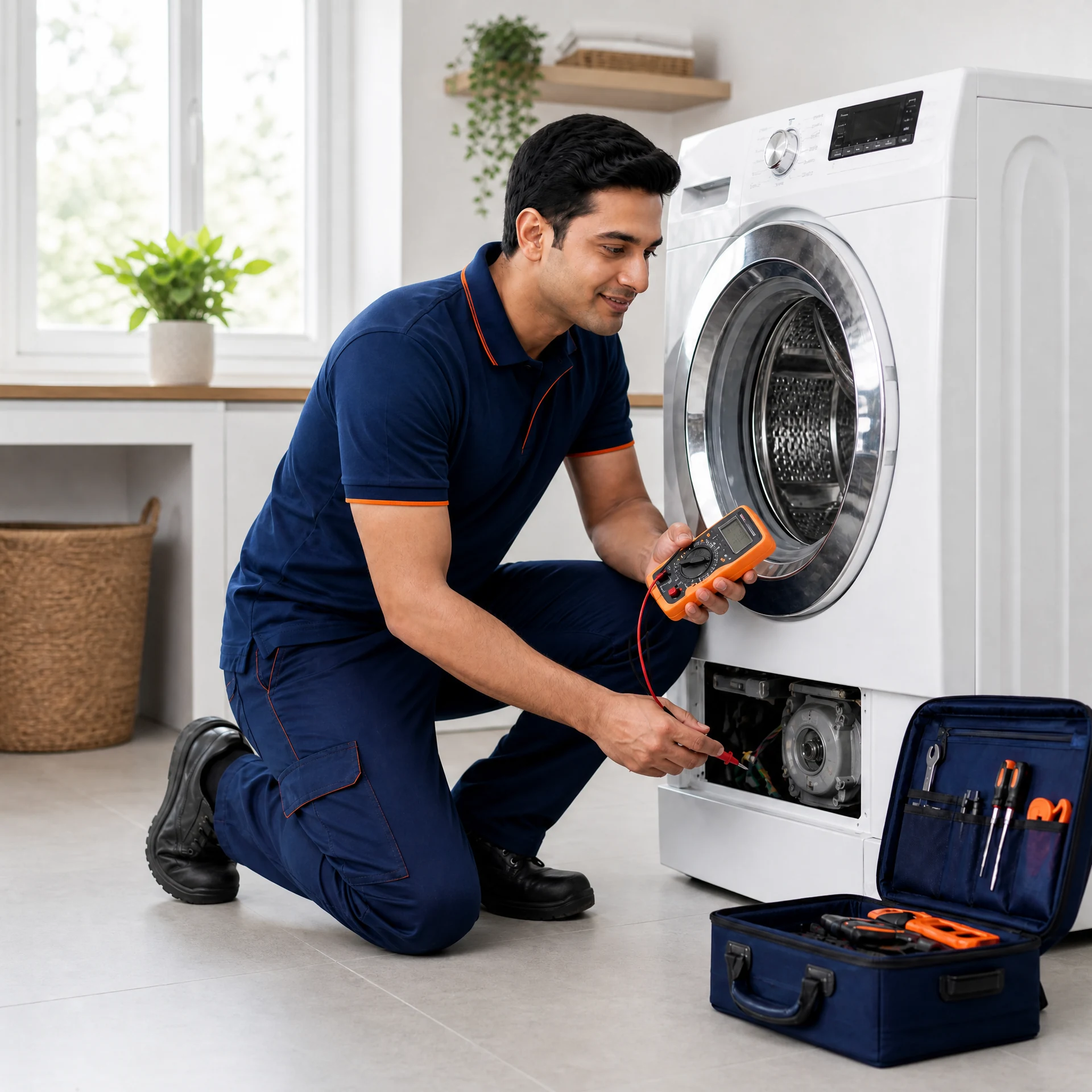 Service Creed technician repairing a front-load washing machine