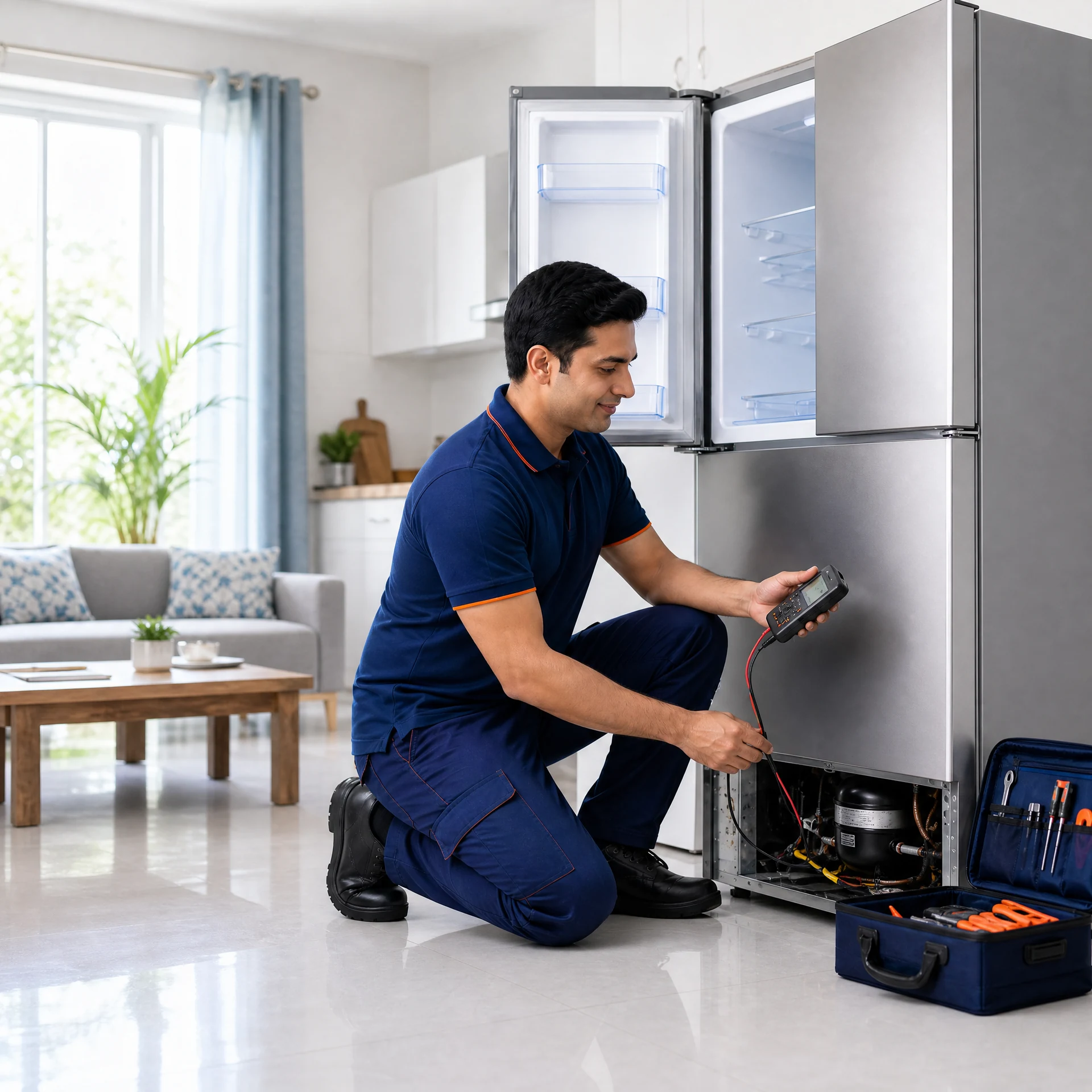 Service Creed technician checking a refrigerator compressor