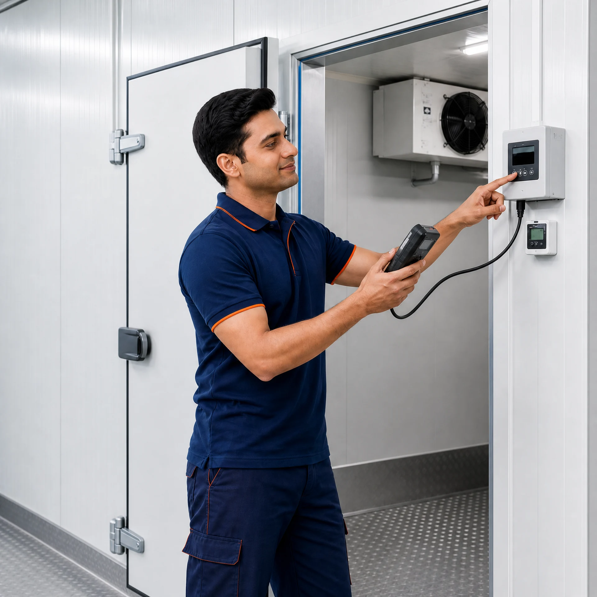 Service Creed technician servicing a cold storage room