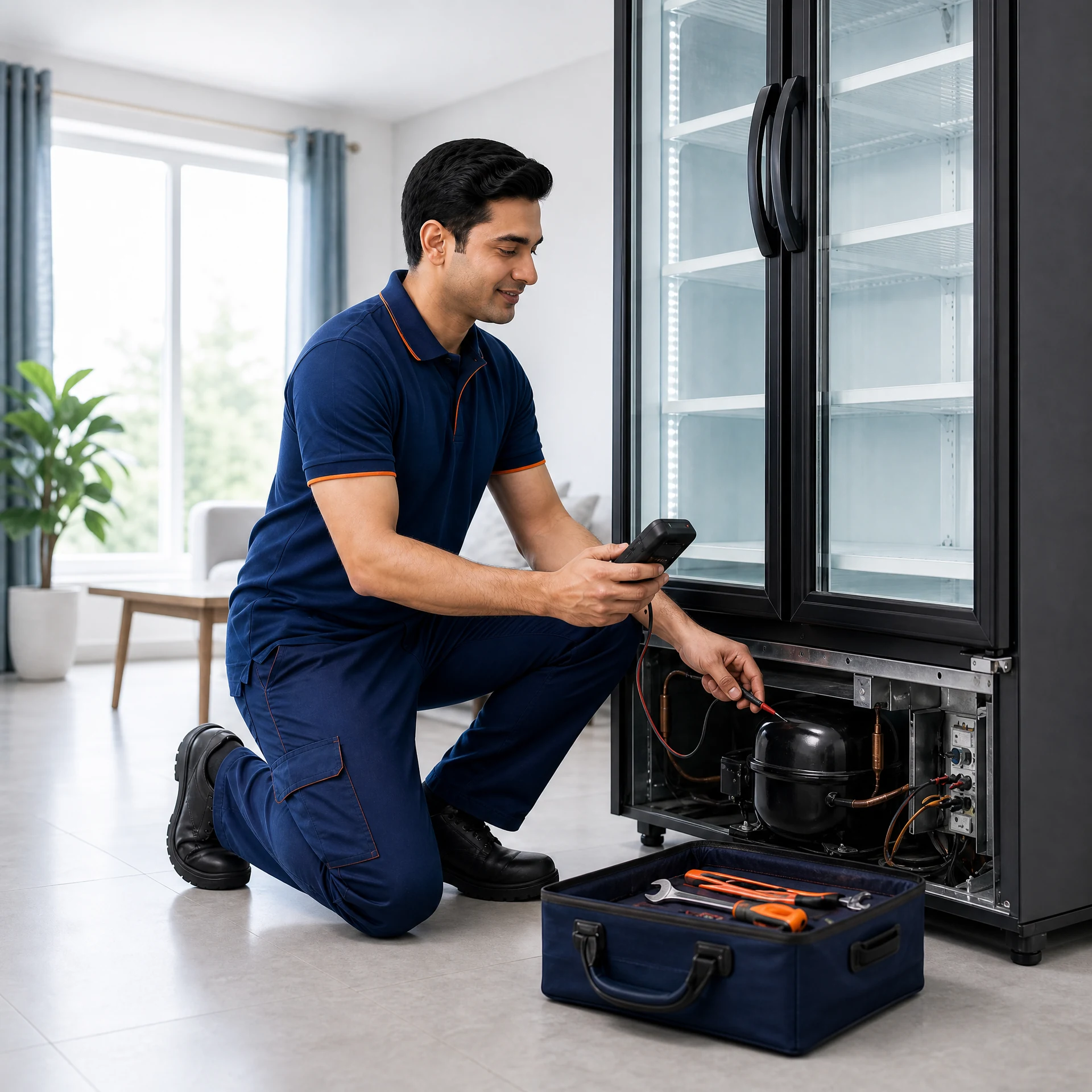 Service Creed technician repairing a visi cooler compressor
