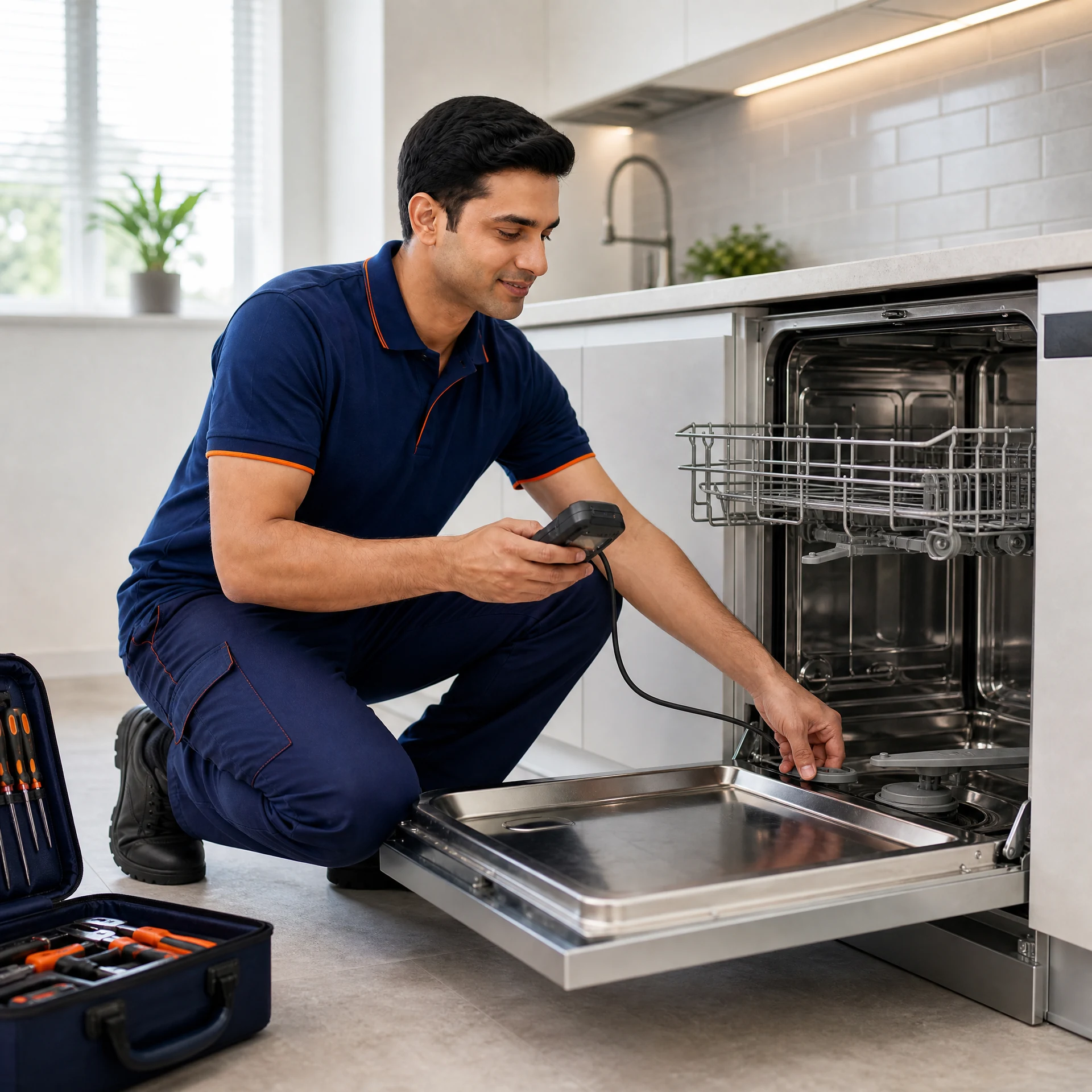 Service Creed technician servicing a dishwasher