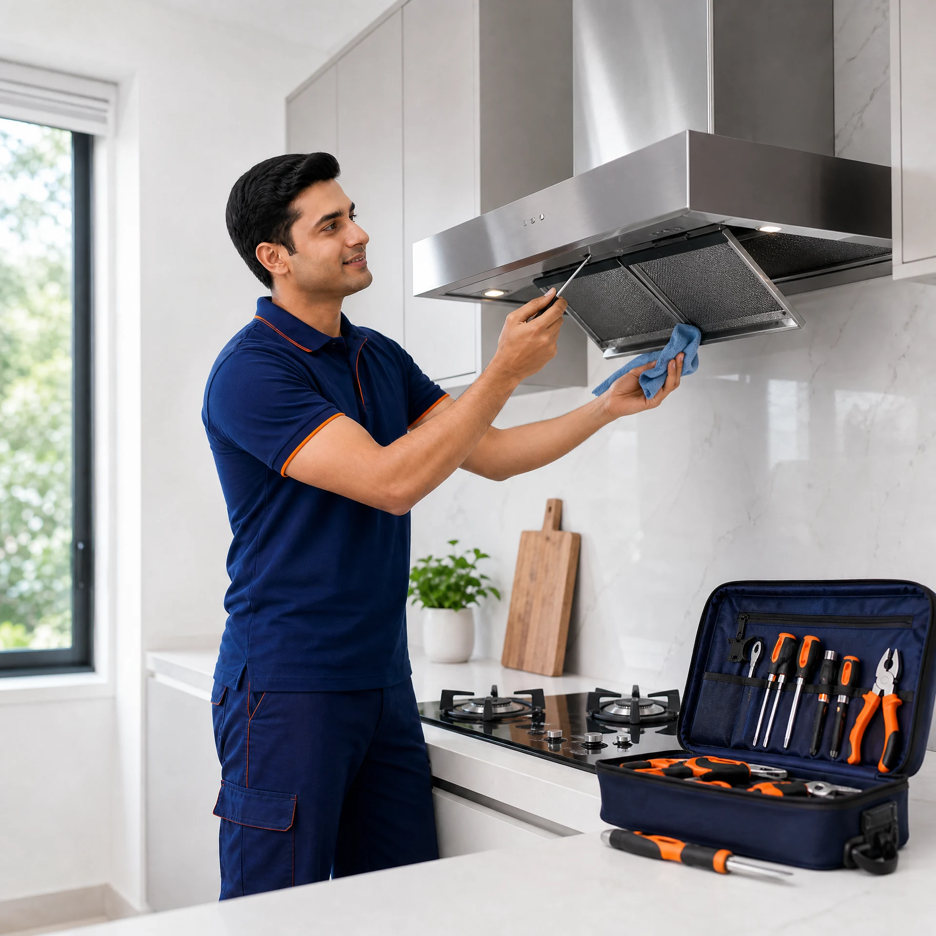 Service Creed technician cleaning a kitchen chimney filter
