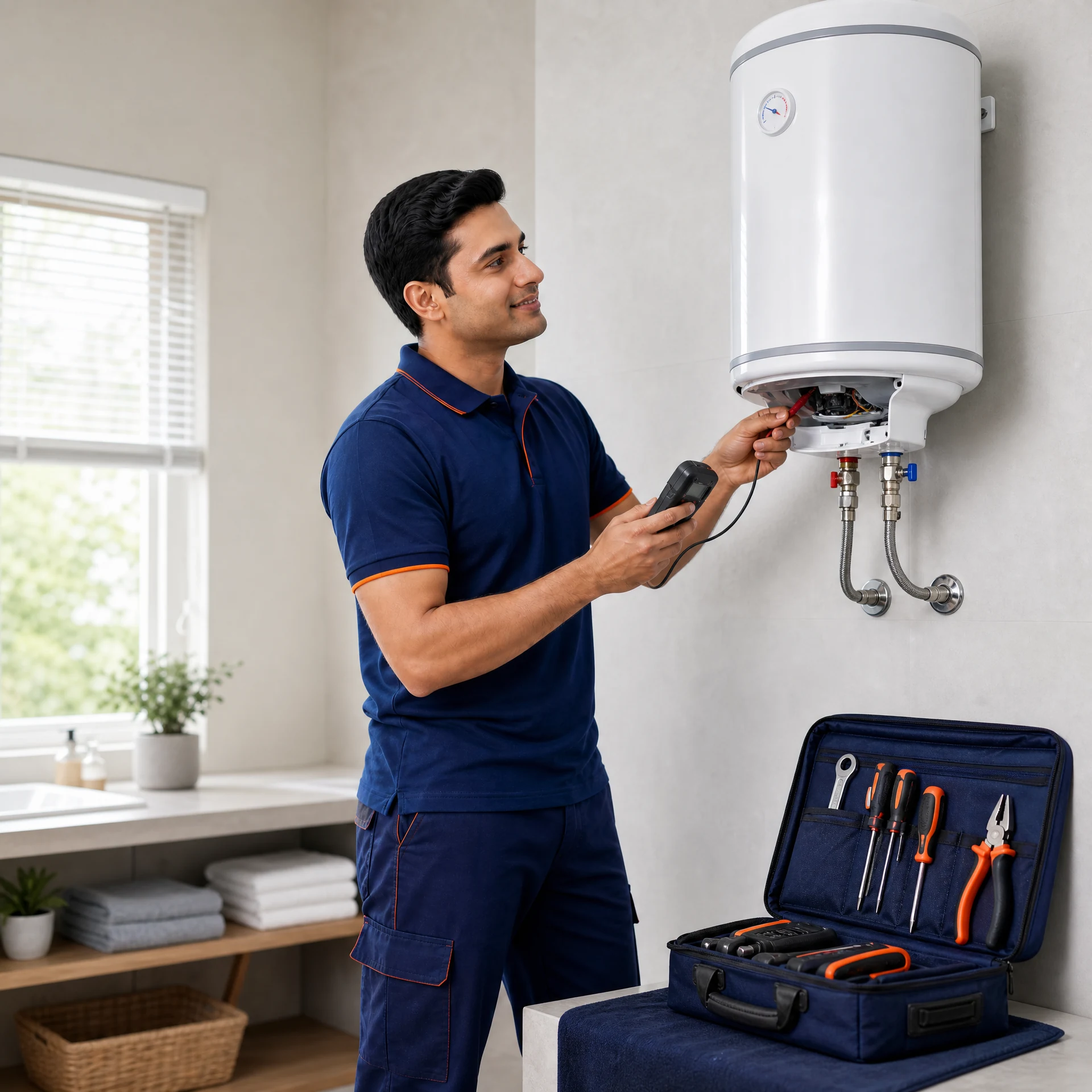 Service Creed technician repairing a water heater geyser