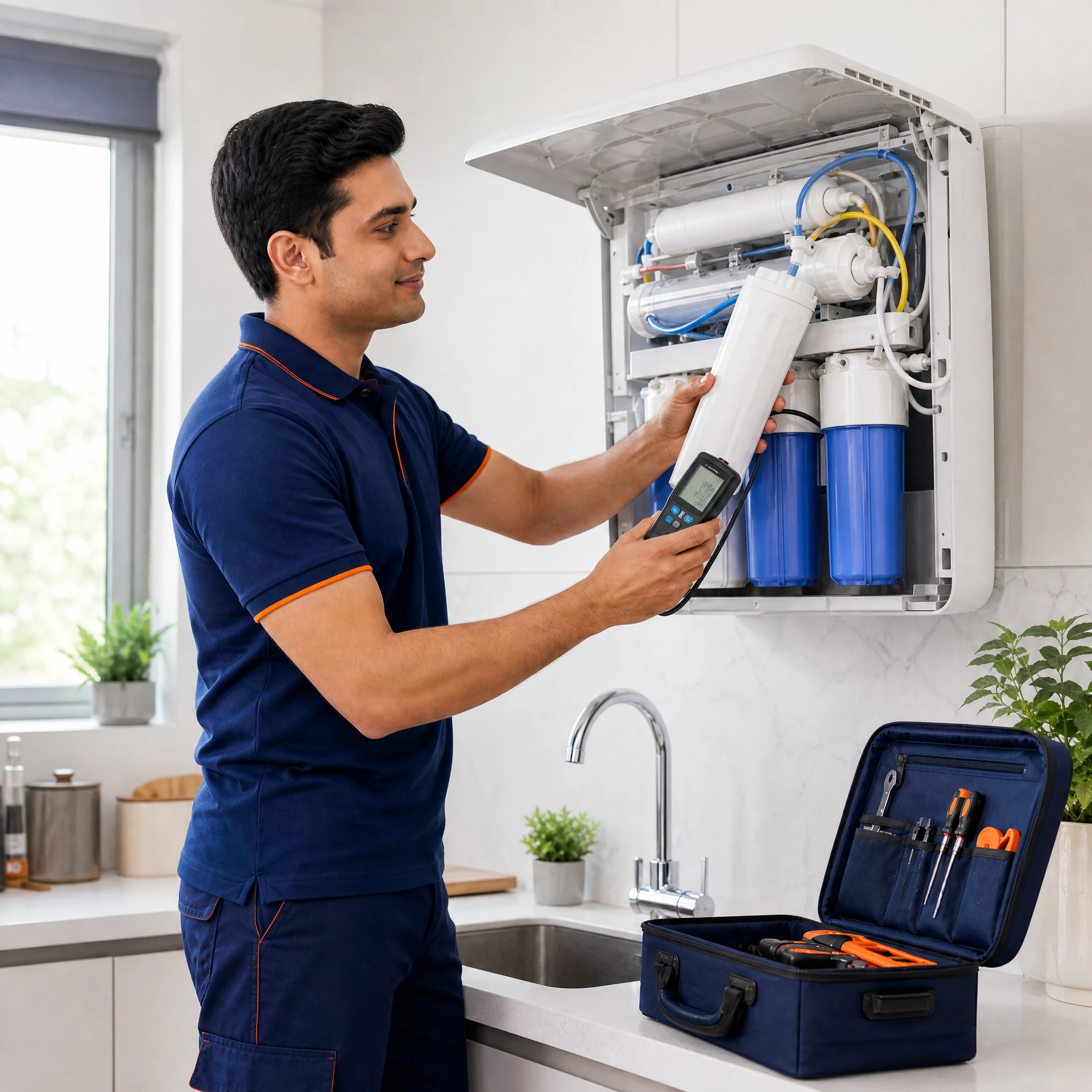 Service Creed technician changing RO purifier filters