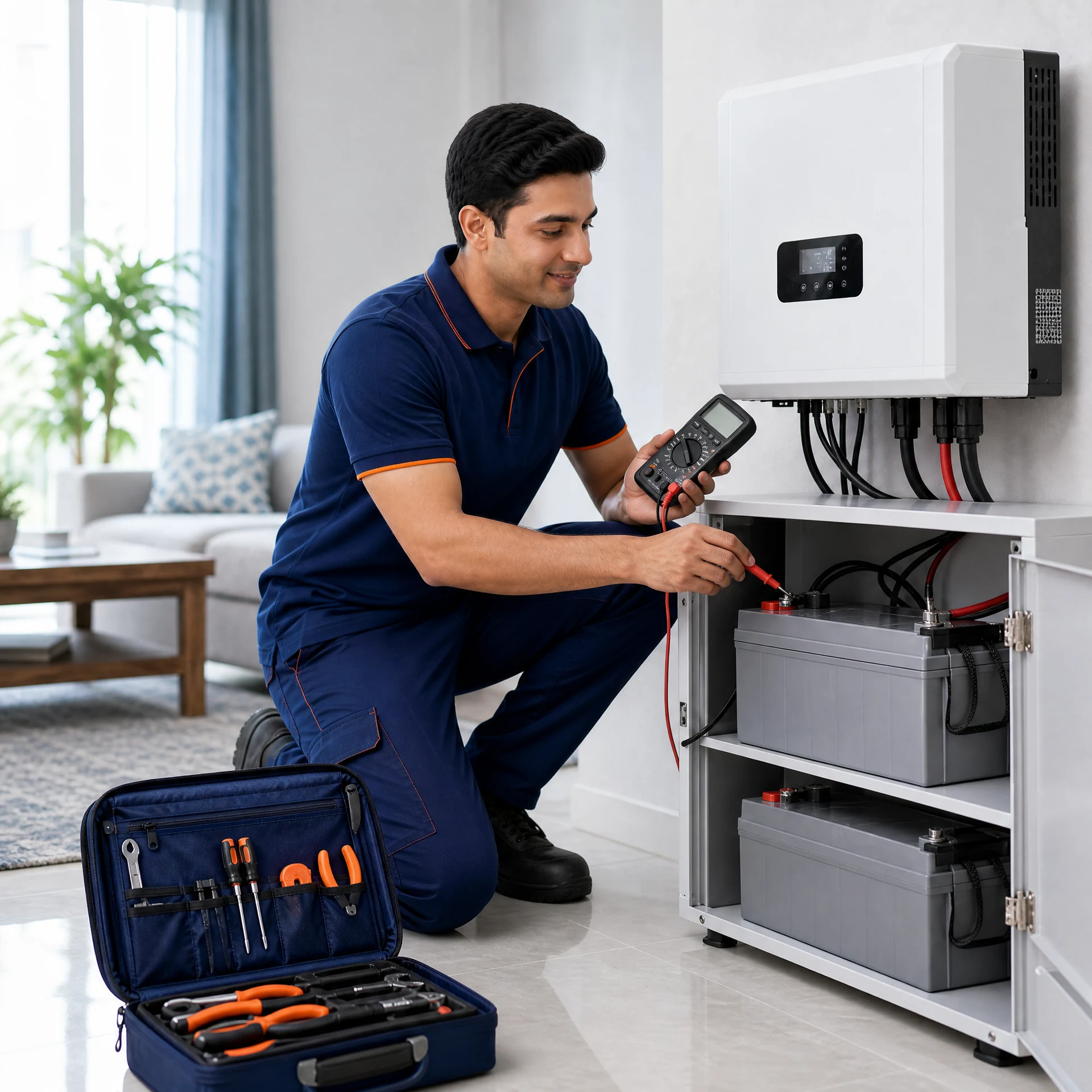 Service Creed technician testing a home UPS and battery