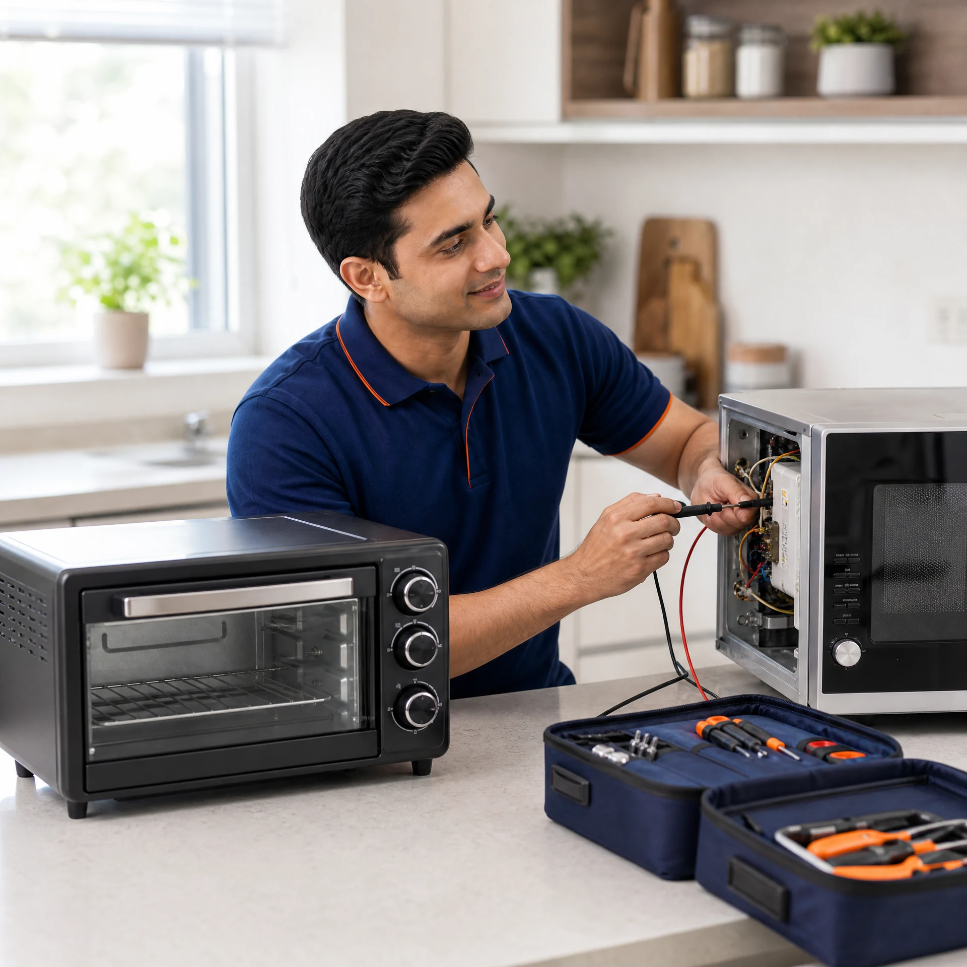 Service Creed technician repairing a microwave and OTG