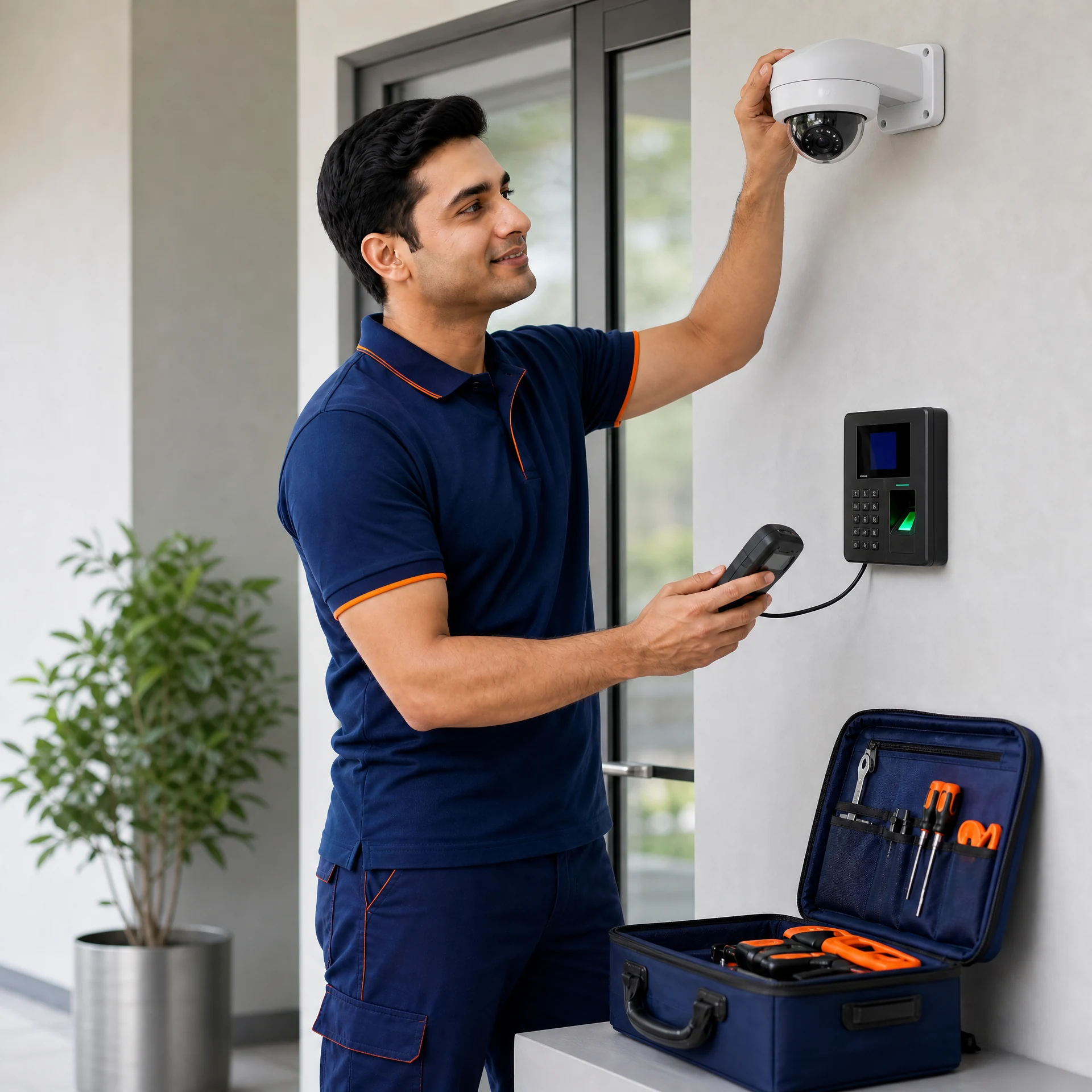 Service Creed technician installing a CCTV camera and biometric unit